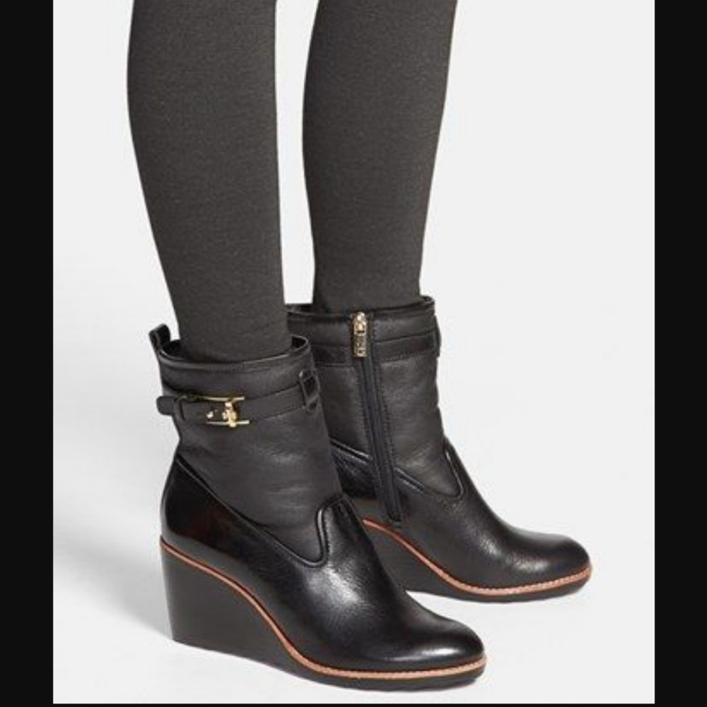 Tory Burch Black Leather Wedge Boots